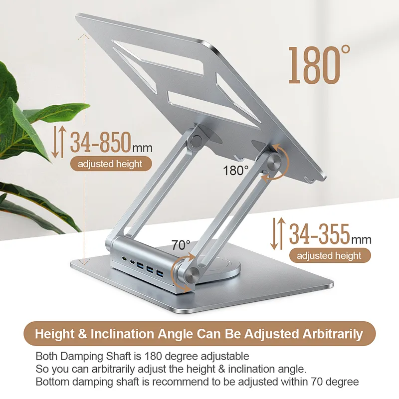360 Degree Rotatable Adjustable Laptop Stand With USB Type C Docking Station