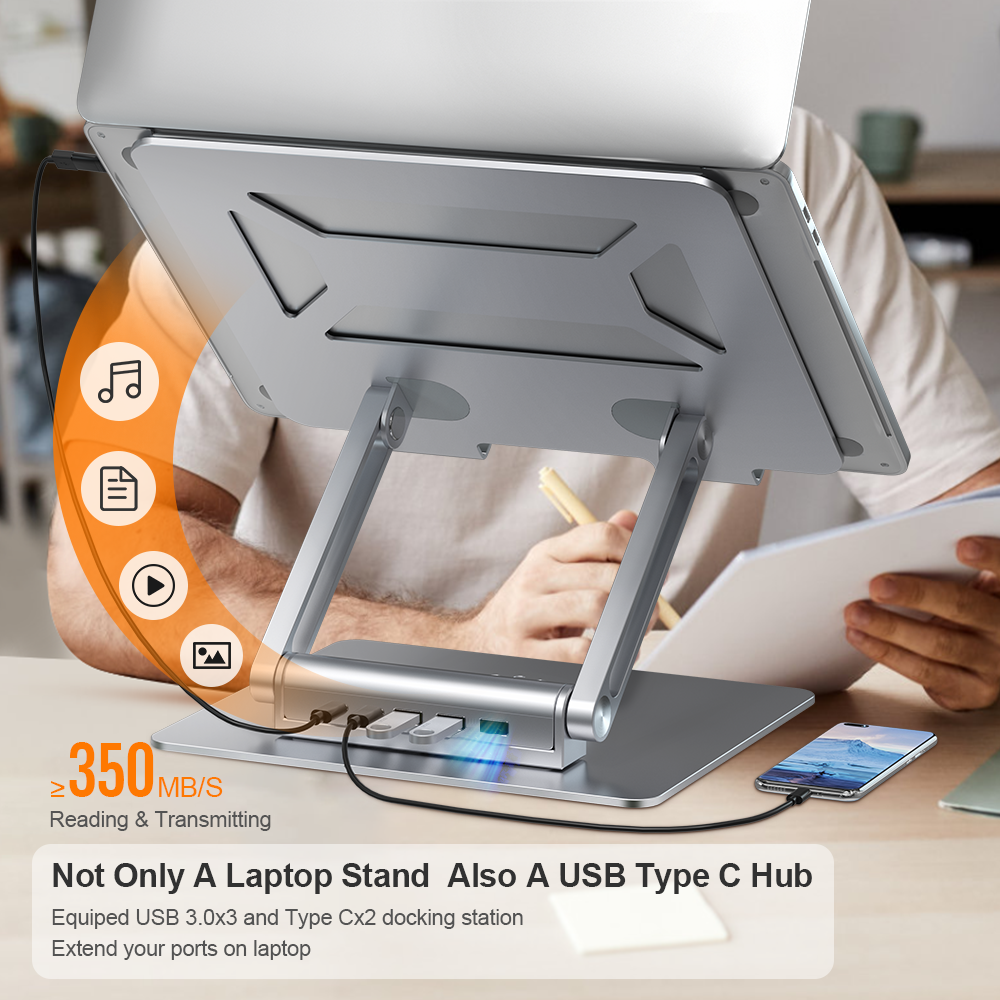 360 Degree Rotatable Adjustable Laptop Stand With USB Type C Docking Station
